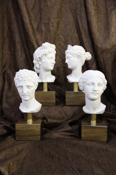 Bust Set of Greek Gods Goddess Heads Sculpture Marble Base Wood